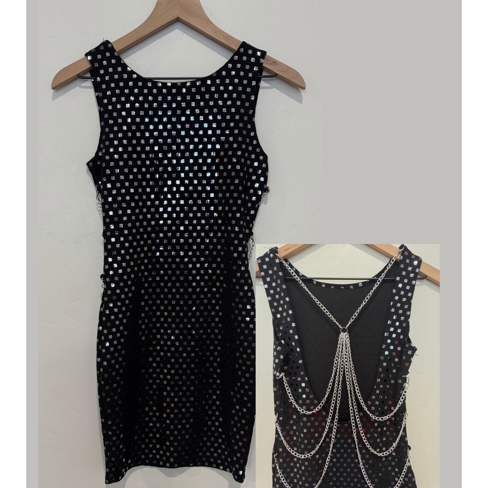 Ipona Black Silver Metallic Bodycon Mini Dress with Chain Back Cyber Club Rave S